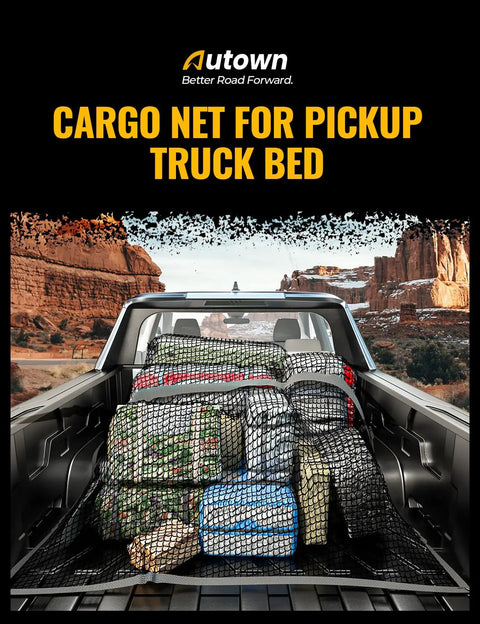 Stretchable Cargo Net for Pickup Truck Bed 4x4 to 7x7 With 1x1 Fine Mesh And 8 Carabiners secured over bags in a truck bed.