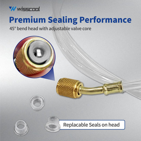 Wisscool 1/4-in refrigerant charging hoses, clear hoses with brass 1/4-in flare fittings and replaceable seals.