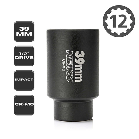 Front view of Beefy 39mm Deep Impact Socket For 1/2 Inch Drive, Heavy Duty 12 Point Deep Well Hub Socket, Chrome Molybdenum Cr-Mo.