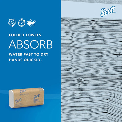 Stacked universal multifold paper towels showing absorbency in bulk case with branding, measuring 9.2x9.4 inches.