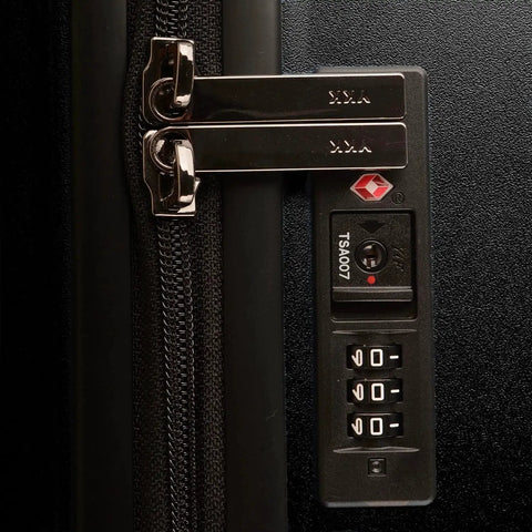 Close-up of Ultimax II 26 Inch Spinner Luggage With Tie Down Straps Matte Black Built To Last TSA lock