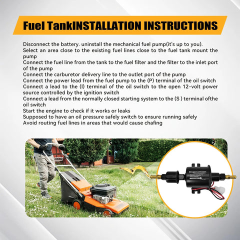 Universal 12V Electric Fuel Pump Kit with installation instructions, connected to lawn mower, filter and 6.56 ft line visible.