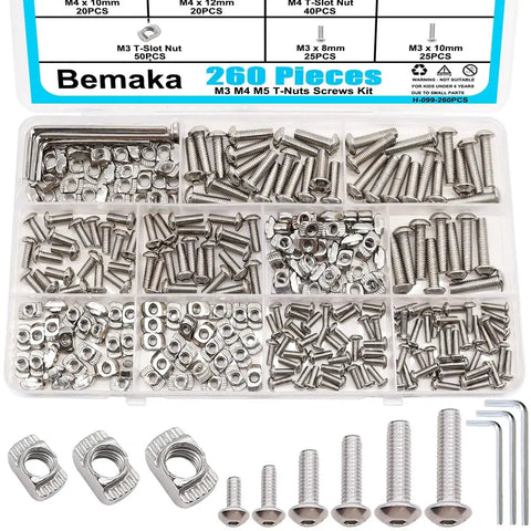 260Pcs M3 M4 M5 T Slot Nuts and Button Head Screws Kit for 2020 Aluminum Extrusion Profile displayed in a compartmentalized box