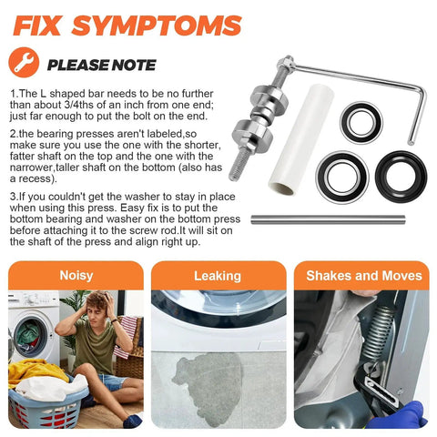 Washer Tub Bearing Installation And Removal Tool kit components for Whirlpool Cabrio, Maytag Bravos XL, Kenmore Elite Top Load Washers.