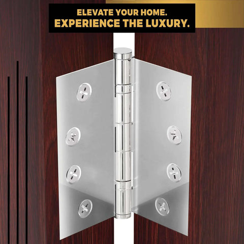Solid Brass Chrome Door Hinge Heavy Duty Ball Bearing For Slammin Doors 4.5 By 4.5 Inch with decorative screw on tips