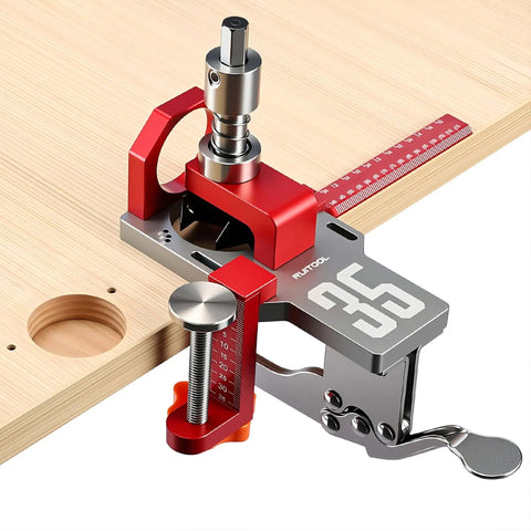 35mm Concealed Hinge Jig System for Cabinets attached to wooden board with clamp, aluminum hardware and ruler visible
