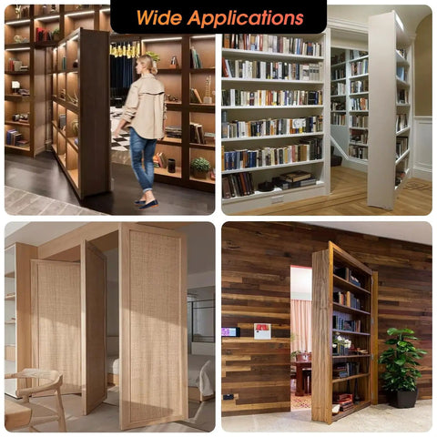 Collage showing Hidden Door Pivot Hinge System For Bookshelf And Secret Doors With 360 Degree Rotation installed in various settings