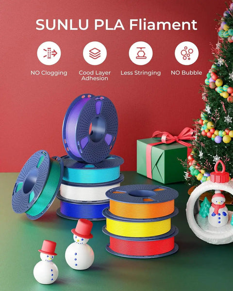 Eight Color 1.75mm PLA Filament 250g Mini Spools Bundle for Beginners with colorful spools next to holiday decor