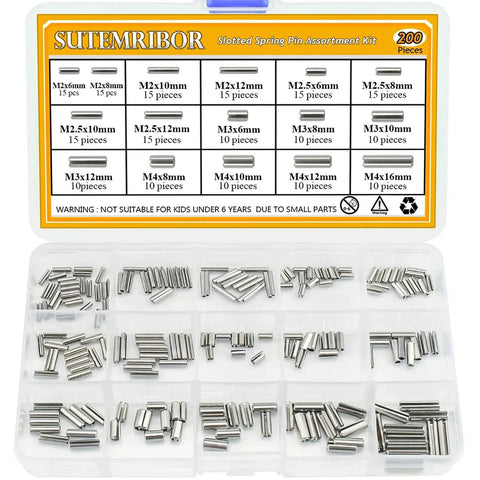 200Pcs Slotted Spring Pin Assortment Kit M2 M2.5 M3 M4 304 Stainless Steel displayed in organizer box