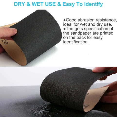 Hands holding a black sheet from All Purpose Pro Grade Sandpaper Kit DIY Friendly With 48 Pcs Wet Dry Sheets 16 Grits From 120 To 5000