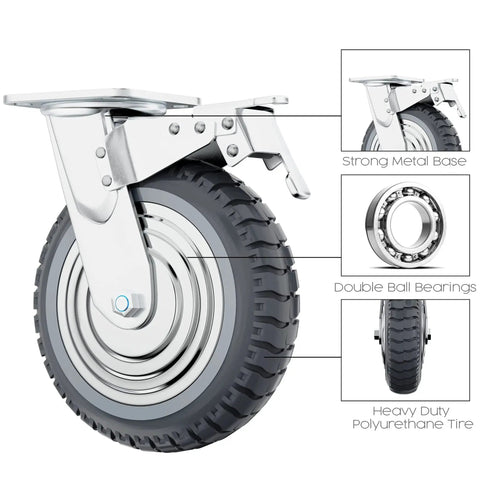 Houseables 8-inch caster wheels set of 4; heavy-duty polyurethane tires with double ball bearings on a metal base