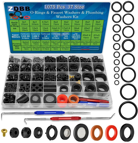3-In-1 Spigot Repair Washers Kit With Hose Gasket And Faucet O-Rings No More Leaks For Kitchen Faucet Outdoor Hose Bib Water Spigot Seal Repair 1075 Pcs Plumbing Rubber Washers Assortment Set with tools displayed in compartments.