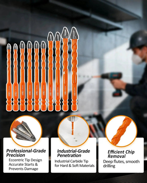 Carbide Eccentric Nine Blade Masonry Drill Bit Set, 10 Pack, Sizes Three Sixteenth To One Half Inch, Shank One Quarter Inch