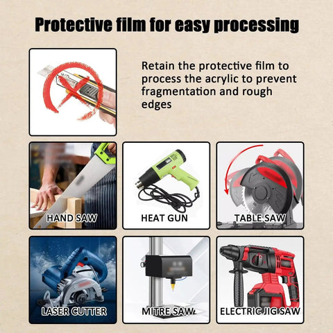 Protective film usage for Yellow 8x12 Inch Acrylic Sheet For Laser Cutting 3mm Thick; tools shown: heat gun, table saw, laser cutter.