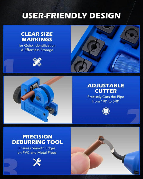 Universal Hydraulic Flaring Tool Kit With Tubing Cutter And 45 Degree ISO Flare showing adjustable cutter and deburring tool
