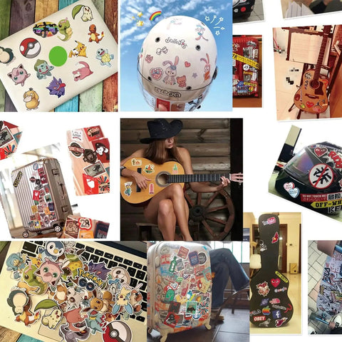 Collage of various items decorated with vinyl stickers including guitar, helmet, laptop, and suitcases with colorful designs.
