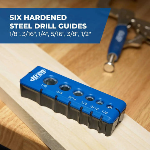 Portable Drilling Guide With Six Hardened Drill Guides For Precise Carpentry Holes And Quick Setup For DIY Projects Pro Grade Accuracy Durable Steel Construction Easy Hole Alignment By Kreg shown on a wooden surface