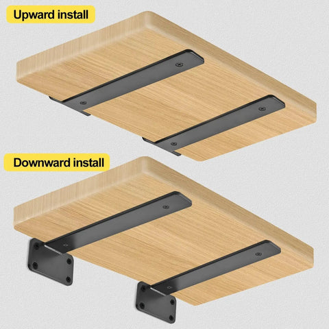 Illustration showing upward and downward install of 10 Inch Black Hidden L Shelf Brackets Set Of 12 Heavy Duty Iron Floating Shelf Brackets