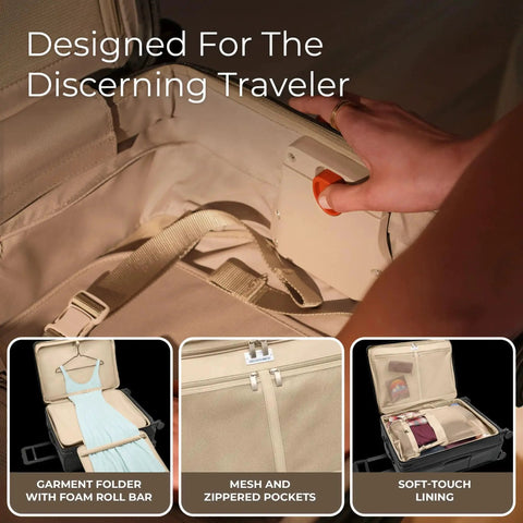 Interior view of Large 29 Inch Expandable Spinner Checked Luggage For Travel With One Touch CX Compression, featuring pockets and lining.