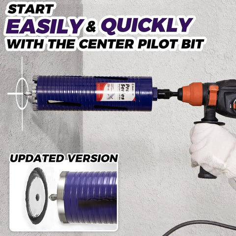 Heavy Duty Pro Dry Core Drill Bit Set for Concrete with Pilot Bit and 3 Adapters drilling into concrete wall