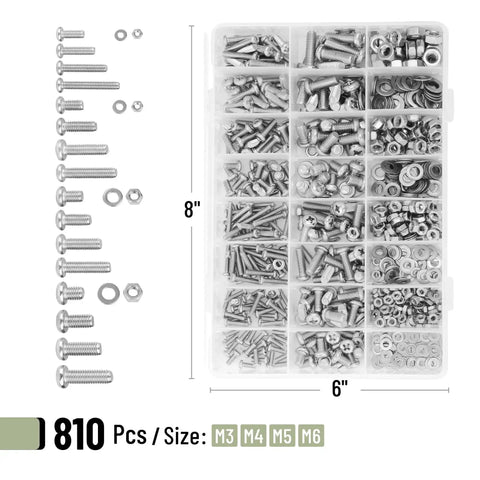 Stainless Steel Nuts And Bolts Assortment Kit, 810 Piece Diy Hardware Set With M3 M4 M5 M6 Phillips Pan Head Screws, Machine Screws, Washers, And Clear Storage Box for Home Improvement Projects, displayed with sizes and box compartments.