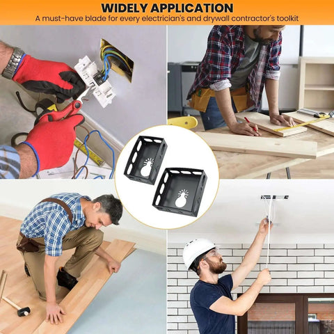 Collage showing 2 Pack Drywall Outlet Cutter Tools Pro Grade Square Slot Cutter and people using tools for drywall installation.