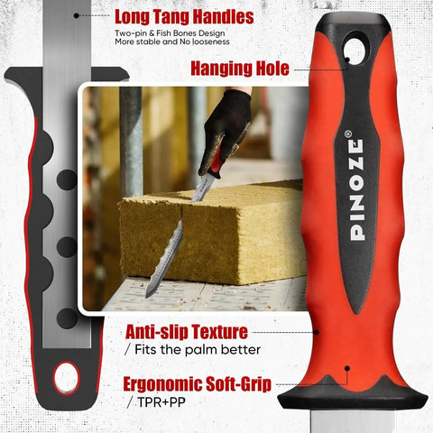 Heavy Duty 11 Inch Insulation Knife With Laser Scale, Stainless Steel Blade, Dual Side Serrated Duct Cutter For Cutting Foam, Rockwool, Mineral Wool, Fiberglass And Styrofoam With Sheath PINOZE, showing ergonomic handle and blade features.