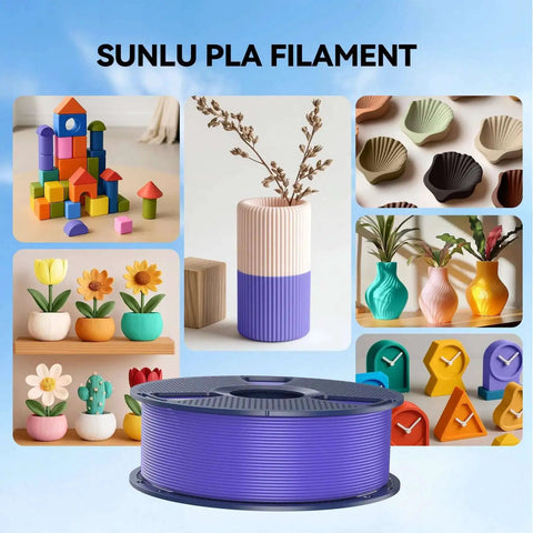 Purple spool of 16 Color PLA Filament Bundle For 3D Printing, 1.75mm, shown with printed objects, 4kg total, easy flow, vacuum packed.