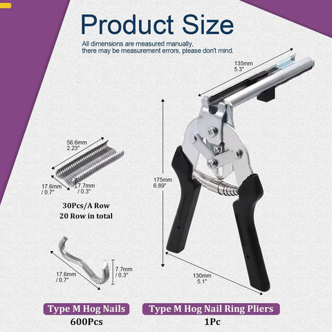 Pro Grade 601 Piece Upholstery Type M Nail Ring Pliers Kit With 600 M Nails And Hog Rings For Fence Fastening diagram