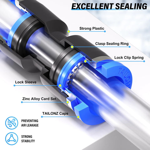 Tailonz pneumatic straight push-connectors, blue plastic air fittings with metal sleeve and seal ring (2-way)
