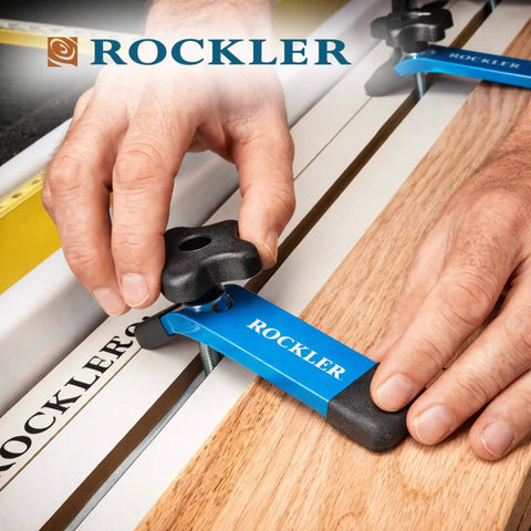 Close-up of Table Saw Taper And Straight Line Jig for Quick Tapered Cuts, includes 36 inch miter bar, in use on saw