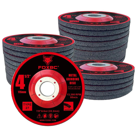 Four And One Half Inch Aluminum Oxide Type Twenty Seven Grinding Discs For Angle Grinders Four And One Half Inch By One Quarter Inch By Seven Eighths Inch Twenty Five Pack Depressed Center Max RPM 13300 For Metal And Stainless Steel