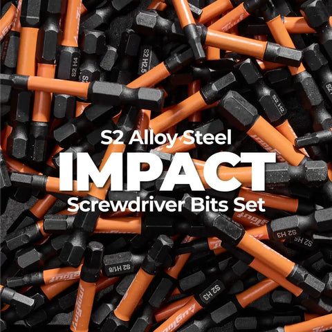 Close-up of orange and black S2 steel impact screwdriver bits from the Impact Hex Bit Set 3/16 Inch 10 Piece With 1/4 Inch Hex Shank 2 Inch Long.