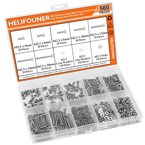 Pro Grade Heavy Duty Hex Socket Head Cap Screws Kit In 304 Stainless Steel, M2.5 Thread, 4mm To 20mm Lengths, Includes Bolts Nuts Washers