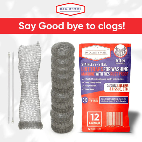 Front view of DR Quality Parts stainless steel lint traps for washing machines, 12-pack with mesh cylinders and cable ties.