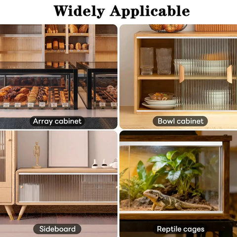 Collage showing various uses for Complete Aluminum Sliding Door Track Kit With Two Upper Tracks And Two Lower Tracks For One Quarter Inch Thick Cabinet Glass Closet Doors And Sliding Windows, 48 Inch Length, Silver Finish, Can Be Cut To Any Length For A Precise Fit: array cabinet, bowl cabinet, sideboard, reptile cages.