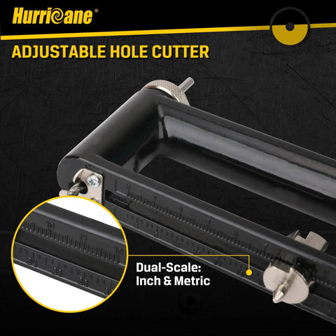 Close-up of adjustable hole cutter with dual-scale showing inch and metric measurements for sheet metal HVAC ductwork
