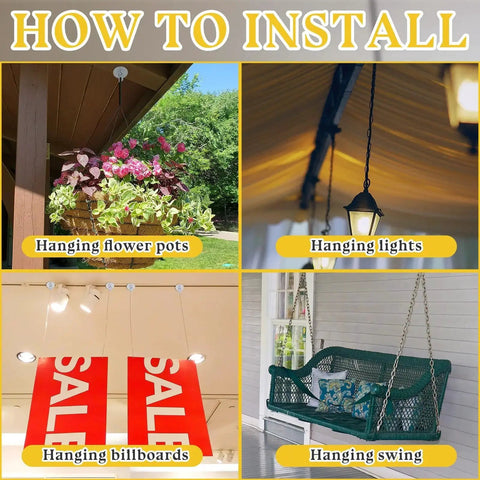 Four installation examples: flower pots on ceiling, light fixture on patio, billboards in store, swing on porch.