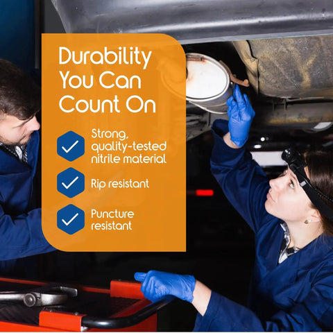 People wearing Cobalt Blue Nitrile Examination Gloves Latex Free Medical Grade 4.5 Mil while working under a car.