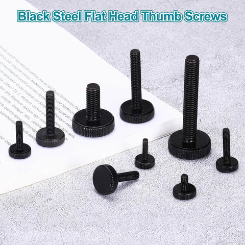 Knurled Thumb Screw Set 20 Pieces M3 X 12mm Black Steel Flat Head Grip Bolts on a gray surface