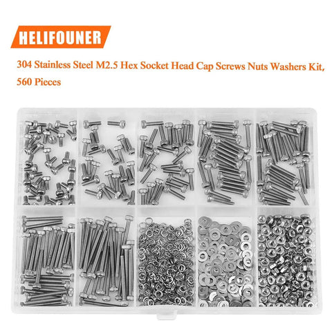 Pro Grade Heavy Duty Hex Socket Head Cap Screws Kit In 304 Stainless Steel, M2.5 Thread, includes screws, nuts, washers, lock washers