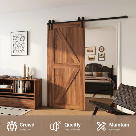 Heavy Duty Barn Door Hardware Kit For Double Bypass Doors 10Ft Single Track With Antique Roller installed on wooden door