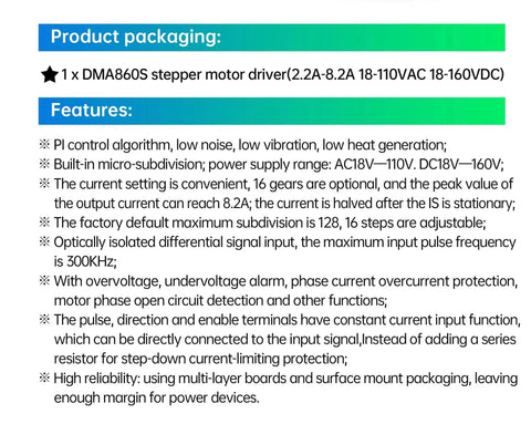 Features and packaging details for Four Pack DMA860S 2-Phase Stepper Motor Driver For CNC Router And Engraving Machine, Max 8.2A