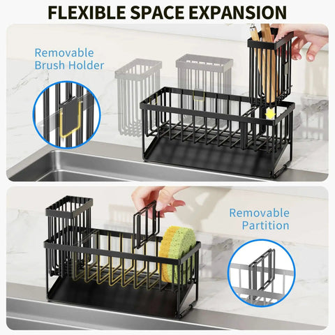 Sink Caddy With Brush Holder And Self Drain Tray Rustproof Stainless Steel Organizer for sponges, soaps, and dish brushes on counter.