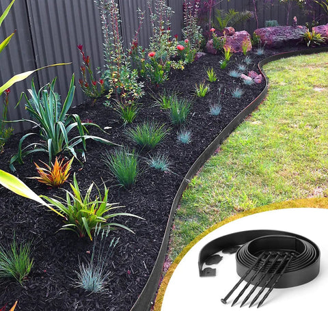 Garden landscape with 30 Pack USA Made 8 Inch Plastic Edging Nails With Spiral Nylon Landscape Stakes, shown in lawn installation.