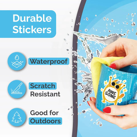 Hands holding a blue mug with waterproof and scratch-resistant sticker, highlighting Premium Printable Vinyl Sticker Paper for durability.