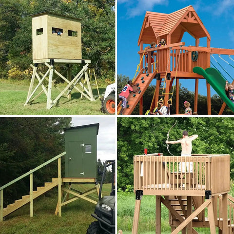 Outdoor 4x4 Compound Angle Brackets for Deer Stands and Hunting Blinds Set of 4 installed on elevated platforms.