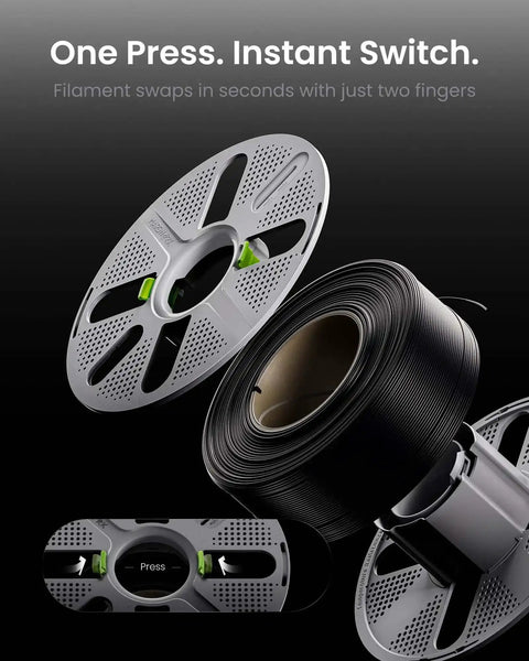 Quick-Swap Reusable Filament Spool with Two-Finger Press Design for easy filament swaps, shown with strap securing half-used filament.