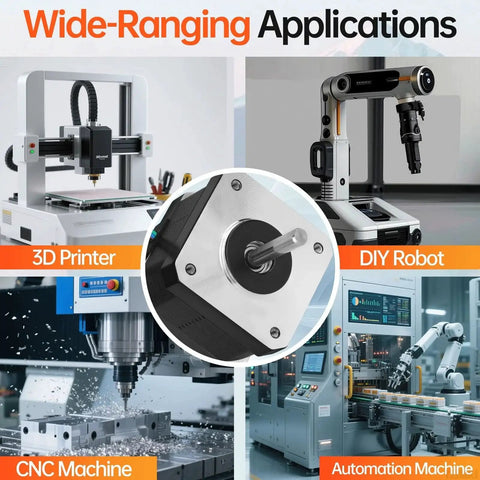 Beefy 5 Pack Nema 17 Stepper Motor For 3D Printers And CNC Machines, shown with 3D printer, robot, CNC, automation machine applications.
