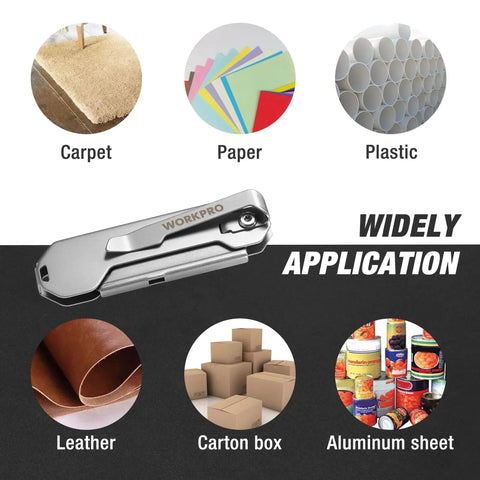 Two Pack EDC Folding Utility Knife With Quick Open Axis Lock Includes 10 Blades shown with materials it cuts: carpet, paper, plastic, leather, carton box, aluminum sheet.